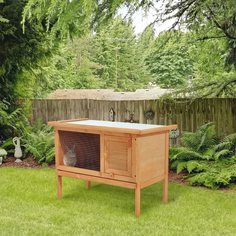 Pawhut Wooden Elevated Rabbit Hutch With Sliding Tray 90Cm X 65Cm Natural