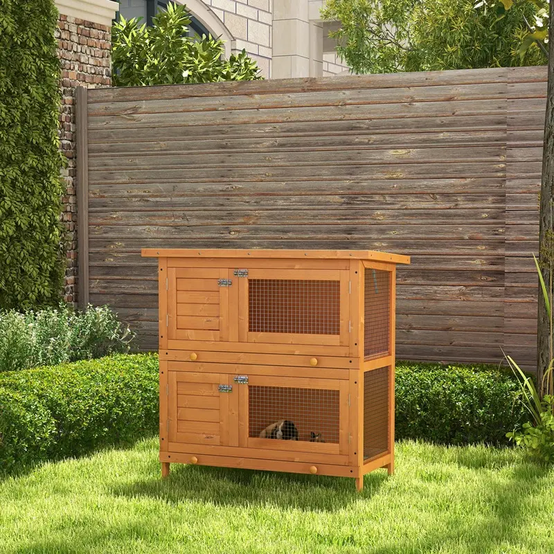 Pawhut 2 Tiers Rabbit Hutch Wooden Pet Cage Natural Wood Finish