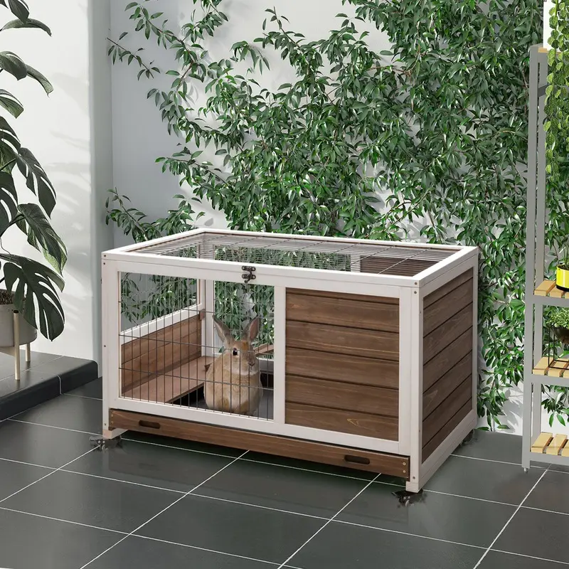 Pawhut Indoor 2-Floor Elevated Rabbit Guinea Pig Hutch Wood Brown