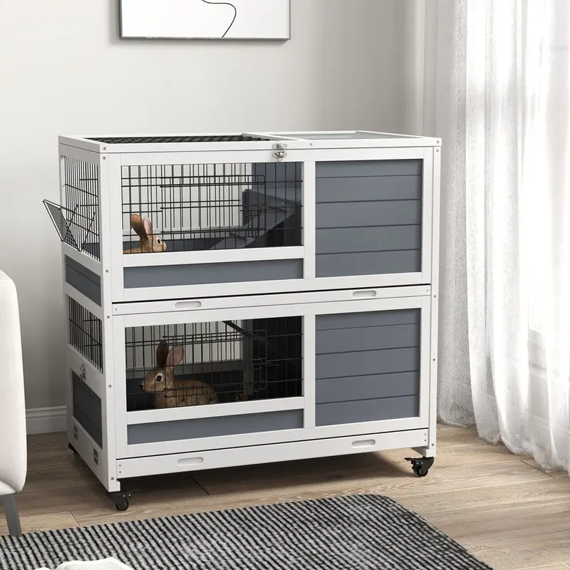 Pawhut Indoor Double Deckers Rabbit Hutch With Tray Grey