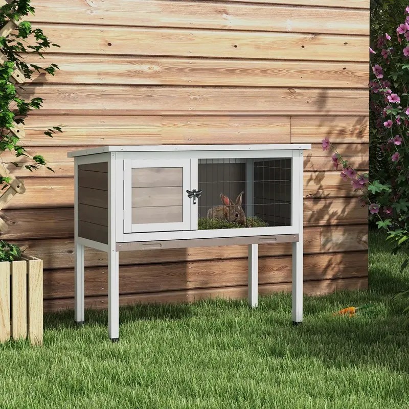 Pawhut Large Rabbit Hutch With Asphalt Roof Tray Wood Brown