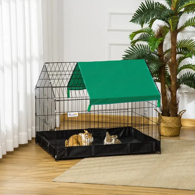 Pawhut Pet Playpen Cage With Waterproof Roof Black/Green