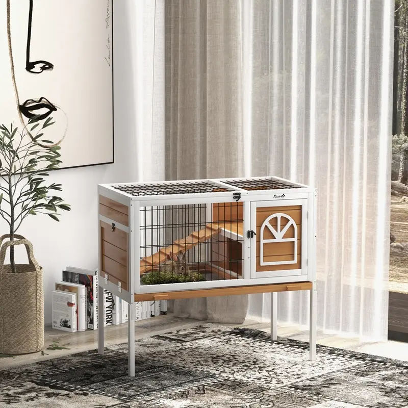 Pawhut Rabbit Hutch With Removable Tray Openable Roof Wood Yellow