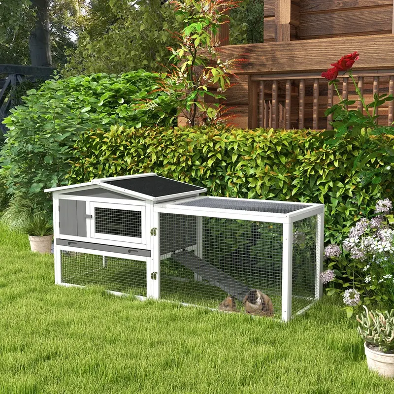 Pawhut Rabbit Hutch With Sliding Tray Light/Grey