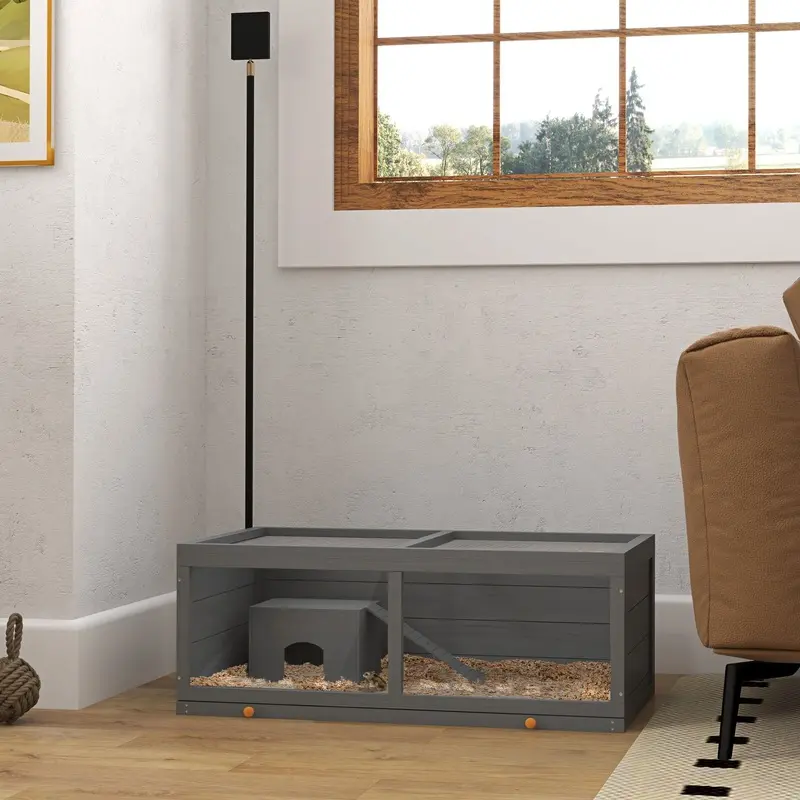 Pawhut Unisex Grey Wooden Hamster Cage, Small Animal Cage With Tray, Openable Top