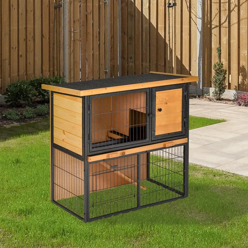 Pawhut Wooden Elevated Pet Hutch With Tilt Asphalt Roof Yellow