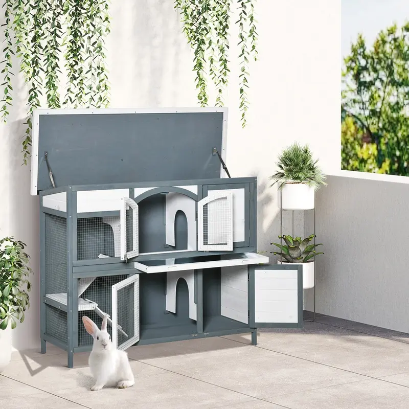 Pawhut Wooden Pet Hutch 2-Tier With Slide Out Tray And Ramps Grey White