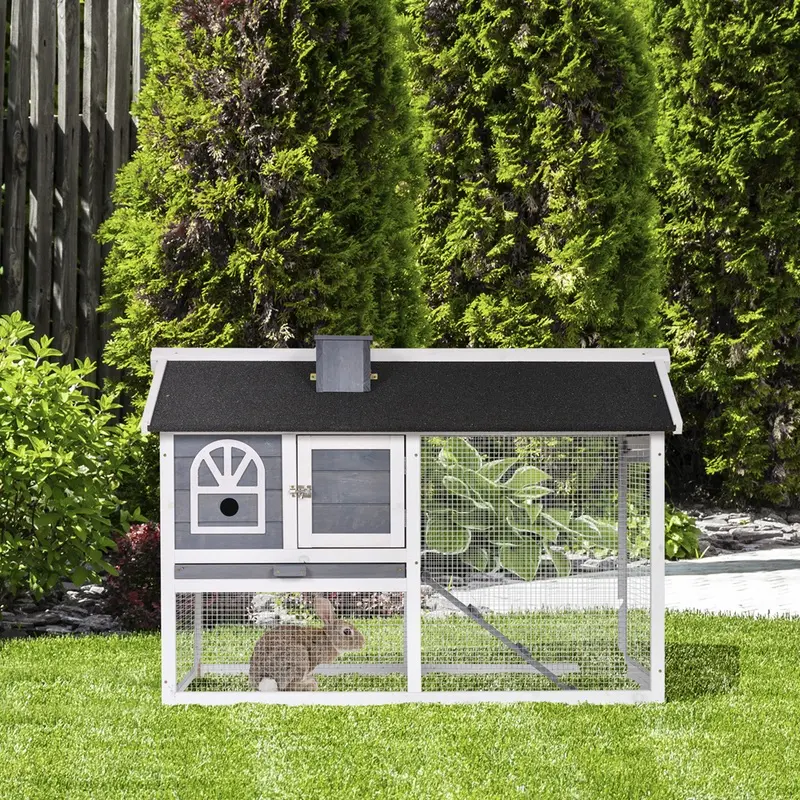 Pawhut Wooden Rabbit Hutch With Pull Out Tray And Ramp Grey