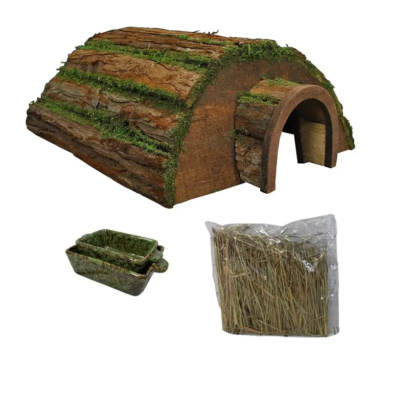 Selections Wooden Hedgehog House With Ceramic Food & Water Dish Set & Straw