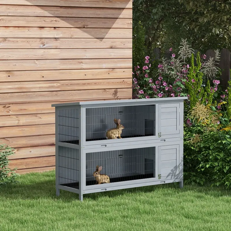 Homcom Rabbit Hutch For Two Rabbits Outdoor Guinea Pig Cage W/ Removable Trays Grey