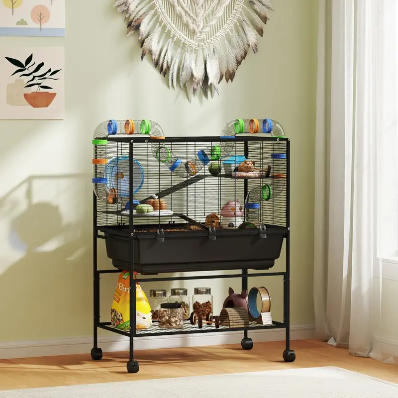 Pawhut (M) Hamster Cage, Gerbil Cage On Wheels With Storage Shelf Small