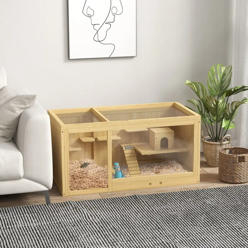 Pawhut Wooden Hamster Cage With Water Bottle Platforms Openable Roof