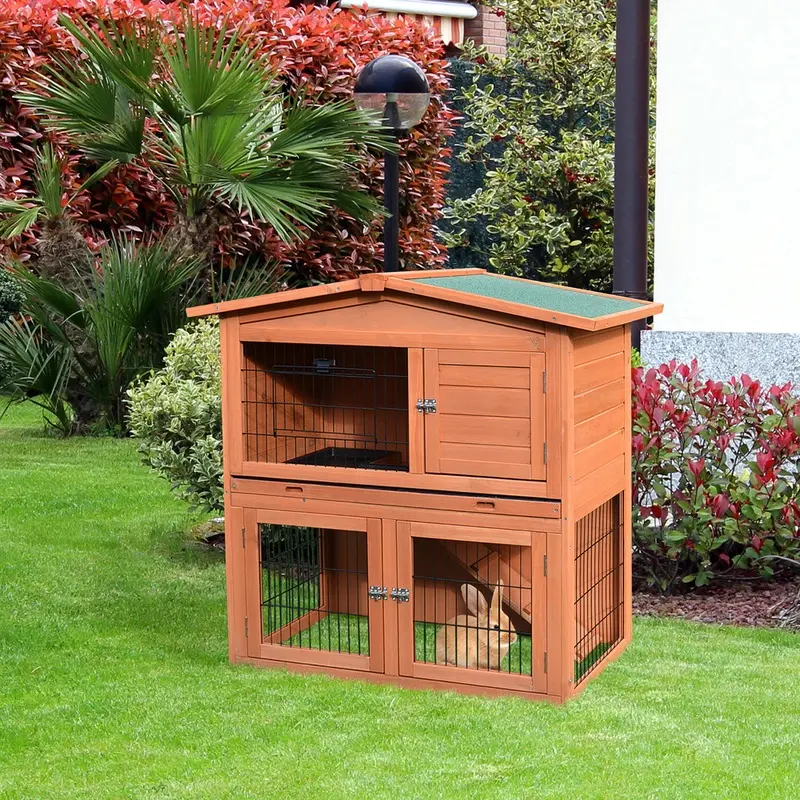 Pawhut 2 Tier Rabbit Hutch Small Animal Cage Natural Wood Finish