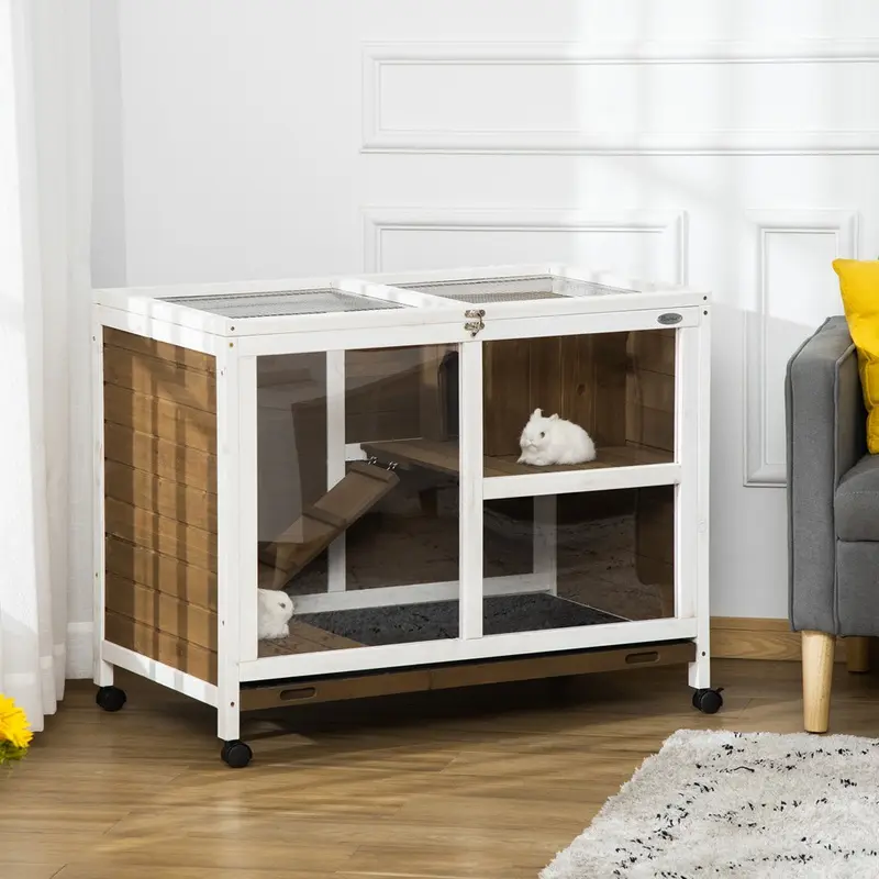 Pawhut Indoor Rabbit Hutch Pet House With Tray Ramp Brown