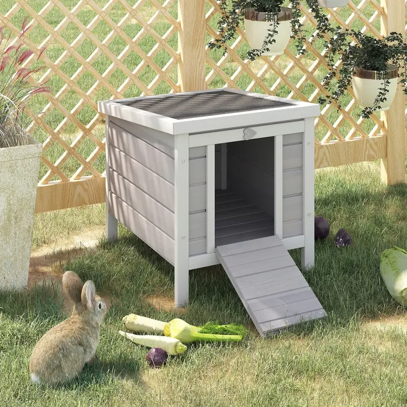 Pawhut Rabbit Hutch Bunny Cage Guinea Pig House Wood Grey