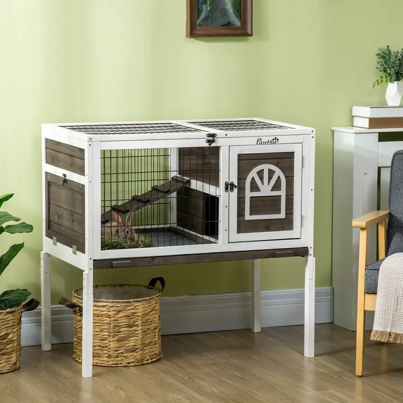 Pawhut Small Rabbit Hutch With Removable Tray Openable Roof Brown