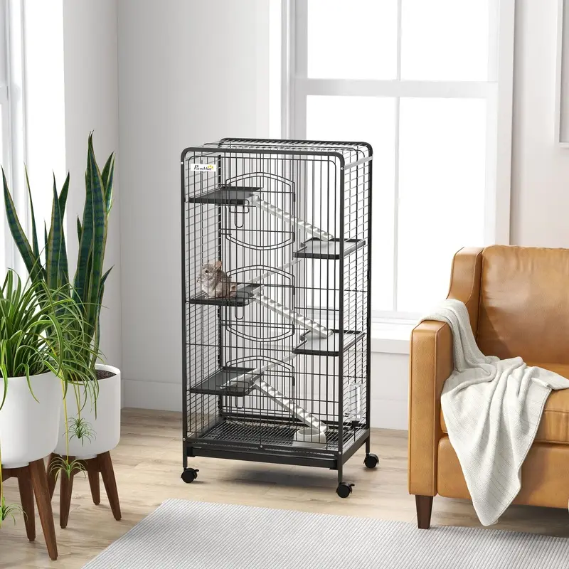 Pawhut Unisex Black 6 Levels Small Animal Cage For Rabbits, Minks, Chinchillas