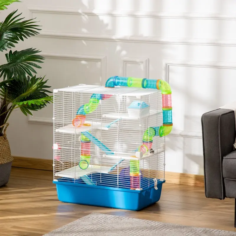 Pawhut Unisex Blue Five-Level Hamster Cage W/ Tubes, Water Bottle, Exercise Wheel, Ramps