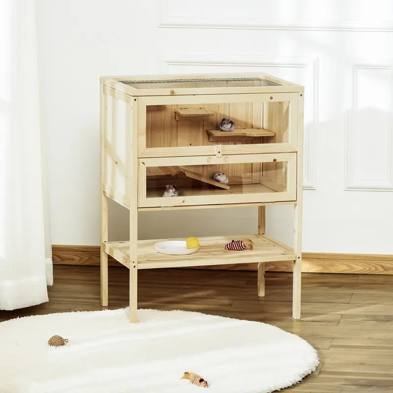 Pawhut Wooden Hamster Cage 3-Tier With Openable Top Natural