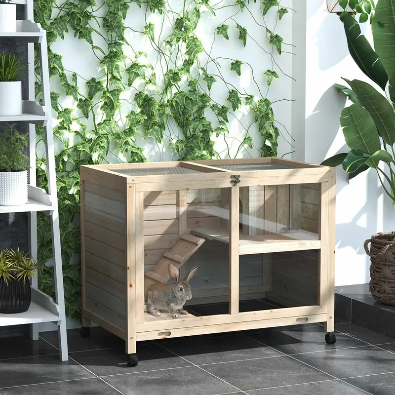 Pawhut Wooden Indoor Pet Hutch 2-Tier With Ramp And Wheels Natural