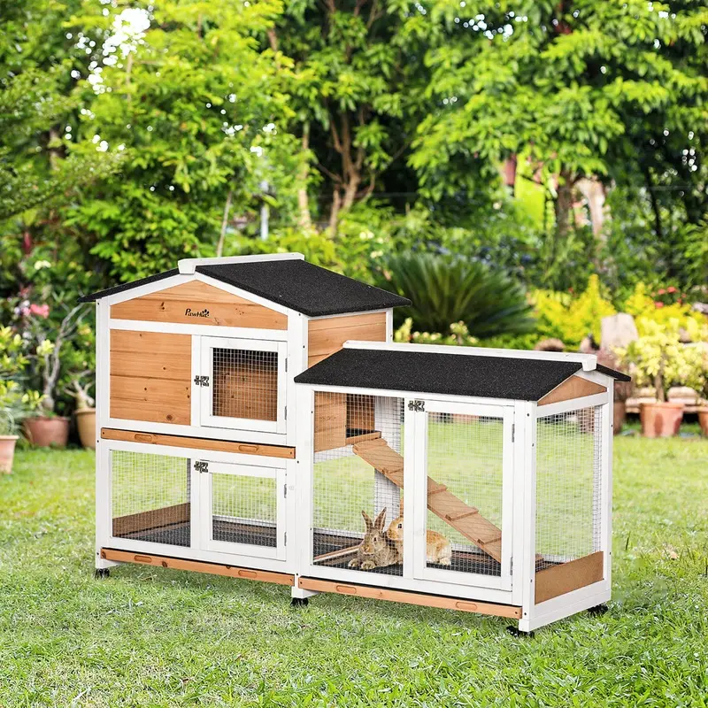 Pawhut Wooden Pet Hutch 2-Tier With Wheels And Slide Out Tray Yellow