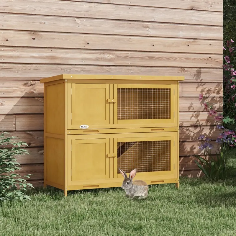 New Pawhut Double Decker Rabbit Hutch Bunny Cage Pet House Outdoor W/ Tray, Yellow
