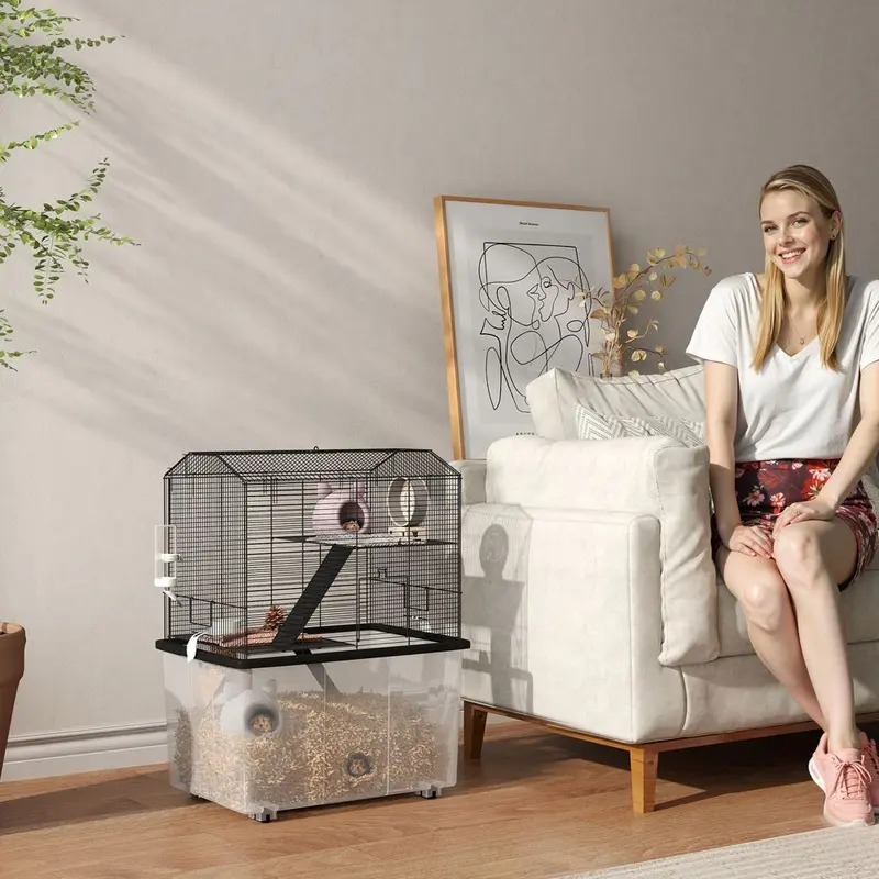 Pawhut 3 Tier Hamster Cage For Dwarf Hamster With Wheels Black