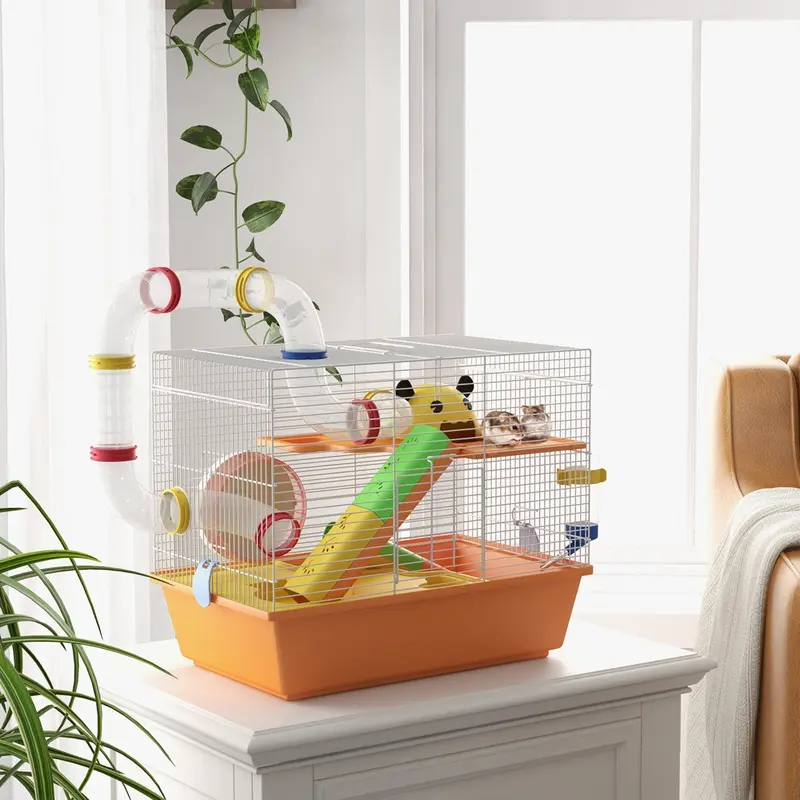 Pawhut 3 Tier Hamster Cage For Dwarf With Tubes Ladder Orange