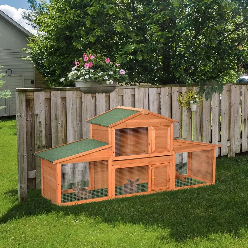 Pawhut Garden 2 Tier Deluxe Large Rabbit Hutch Pet Cage Wood Yellow