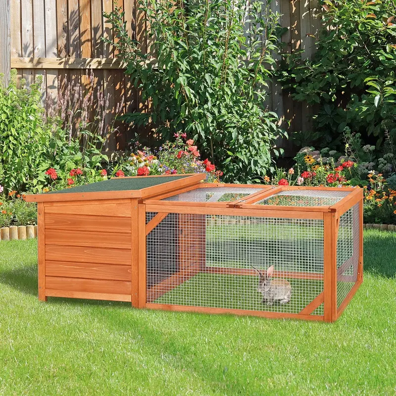 Pawhut Garden Rabbit Hutch Small Guinea Pig House With Run Wood Orange