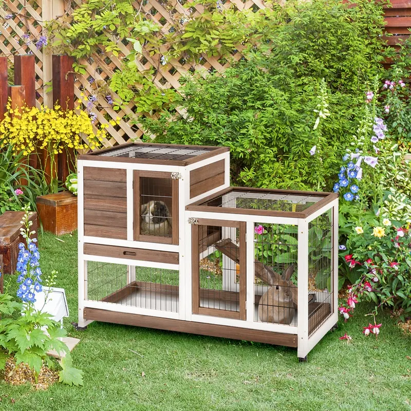 Pawhut Indoor Rabbit Hutch With Enclosed Run With Wheel Brown