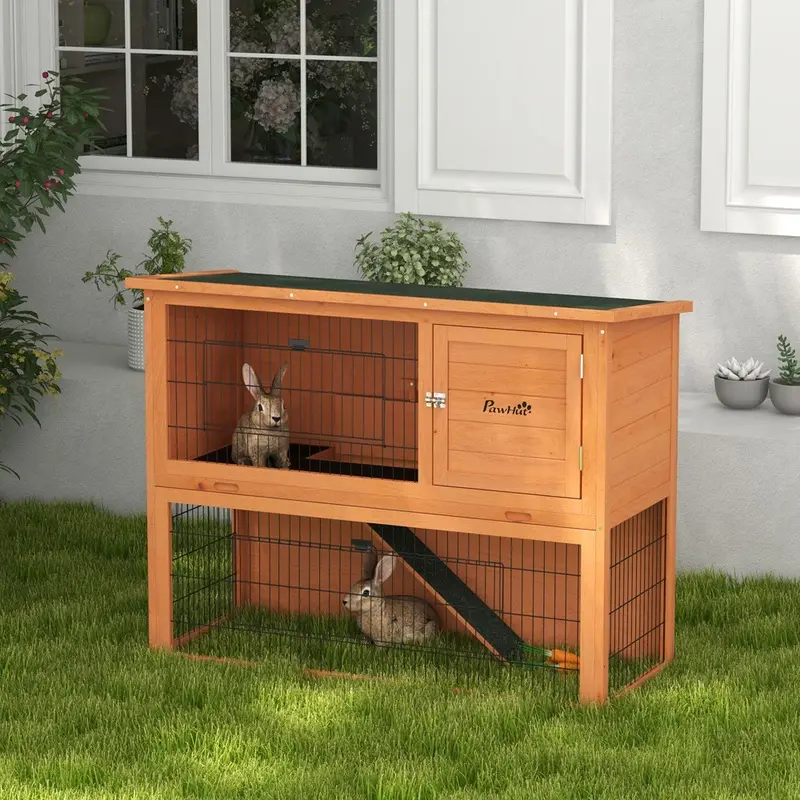 Pawhut Outdoor Rabbit Hutch Small Animal Cage Orange