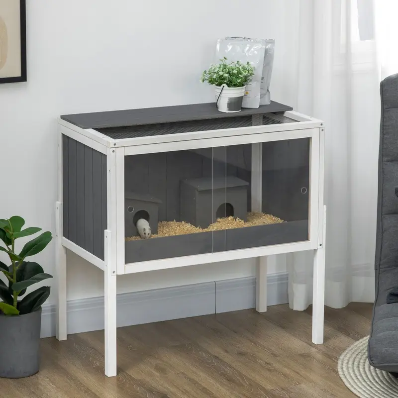 Pawhut Unisex Grey Wooden Hamster Cage, Small Animal Hutch With Top Shelf, Huts