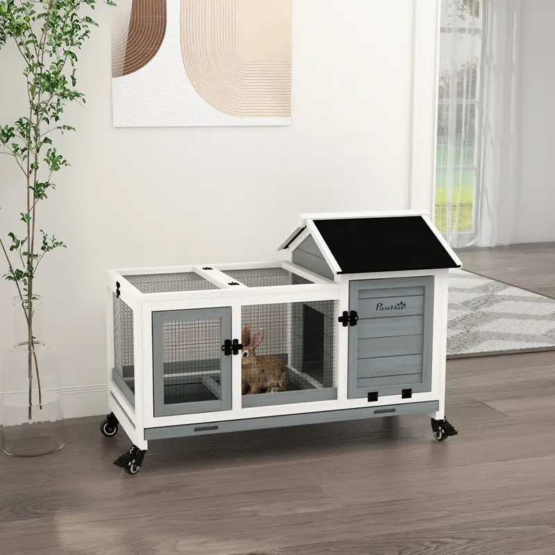 Pawhut Wooden Rabbit Hutch Small Animal House W/ Wheels Removable Tray - Grey