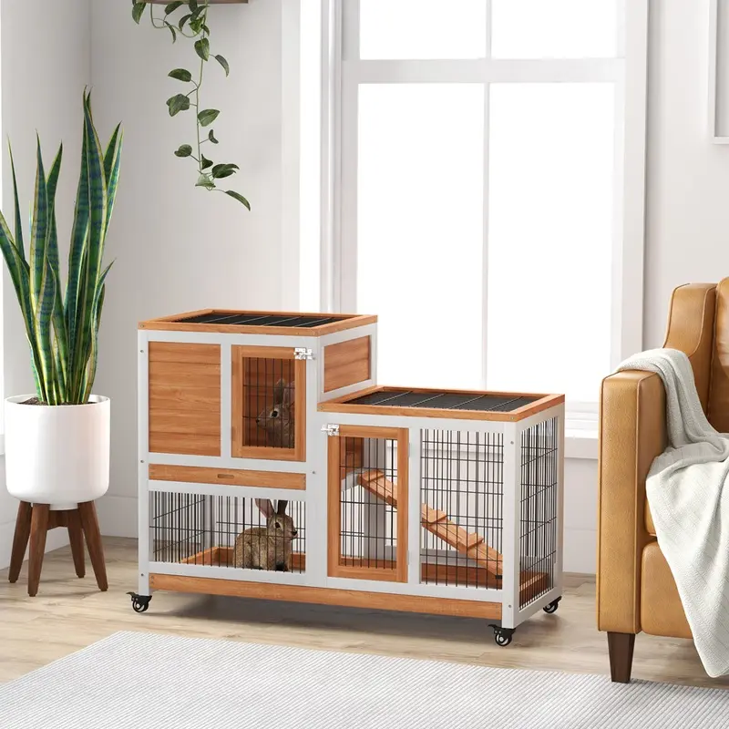 Pawhut Indoor Rabbit Hutch Elevated Bunny Cage Wood Yellow