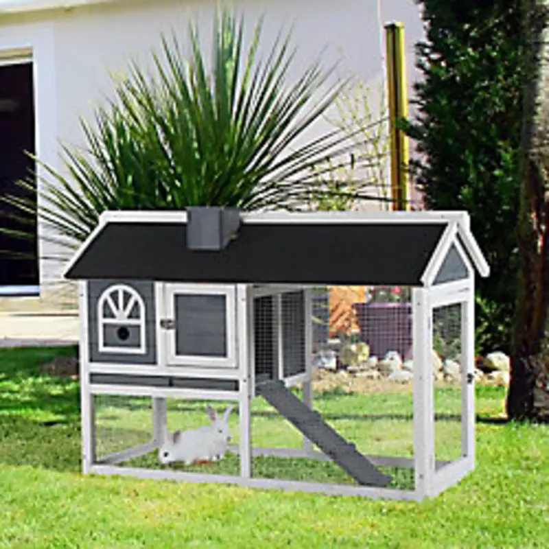 Pawhut Rabbit Cage With Pull Out Tray Asphalt Roof For Small Animals Grey