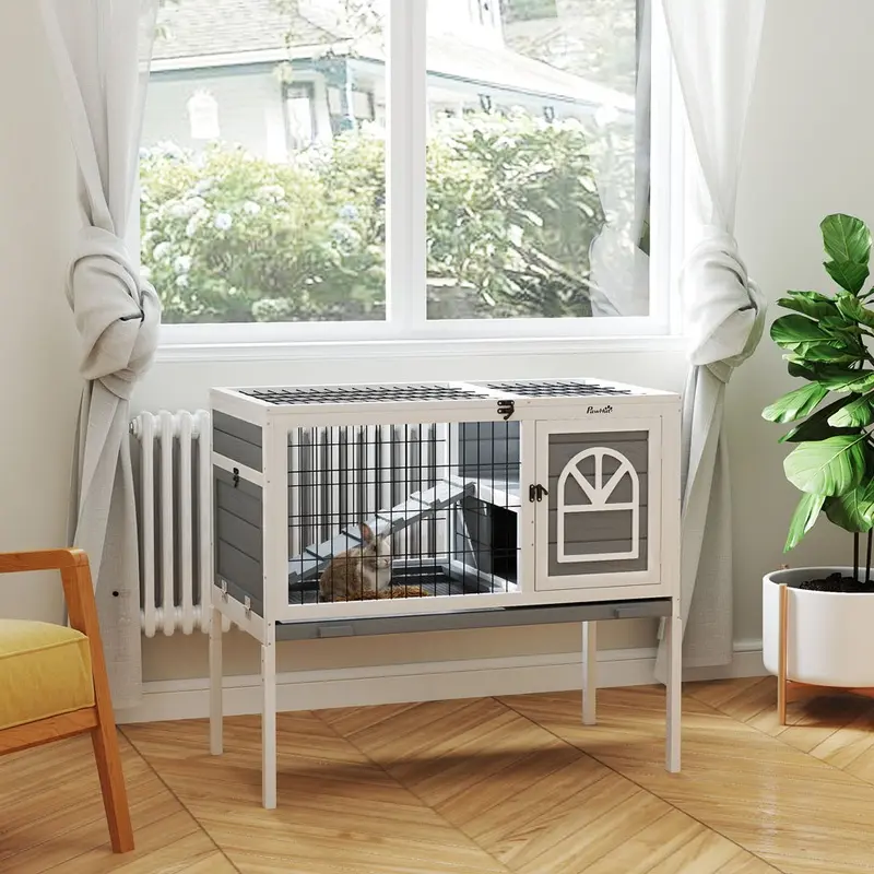 Pawhut Rabbit Hutch Guinea Pig Cage W/ Removable Tray Openable Roof Grey