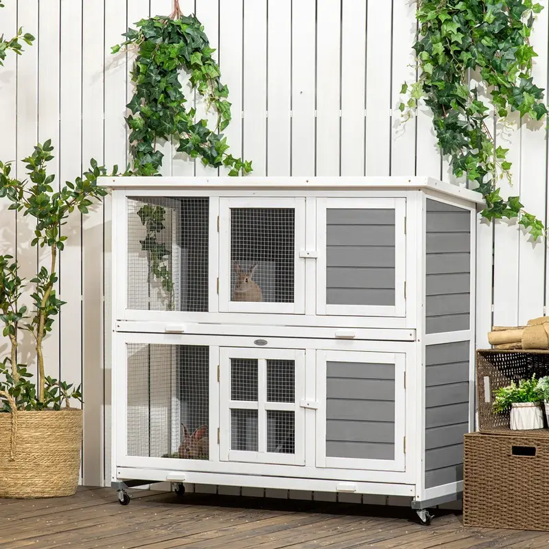 Pawhut Rabbit Hutch Small House With Removable Tray Wood Grey