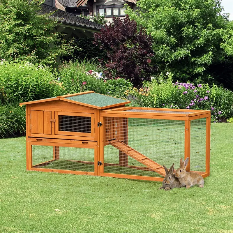 Pawhut Rabbit Hutch With Sliding Tray And Ramp 156Cm X 58Cm X 68Cm Red
