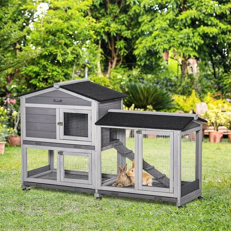 Pawhut Rabbit Hutch With Wheels Run Ramp Wooden Light/Grey