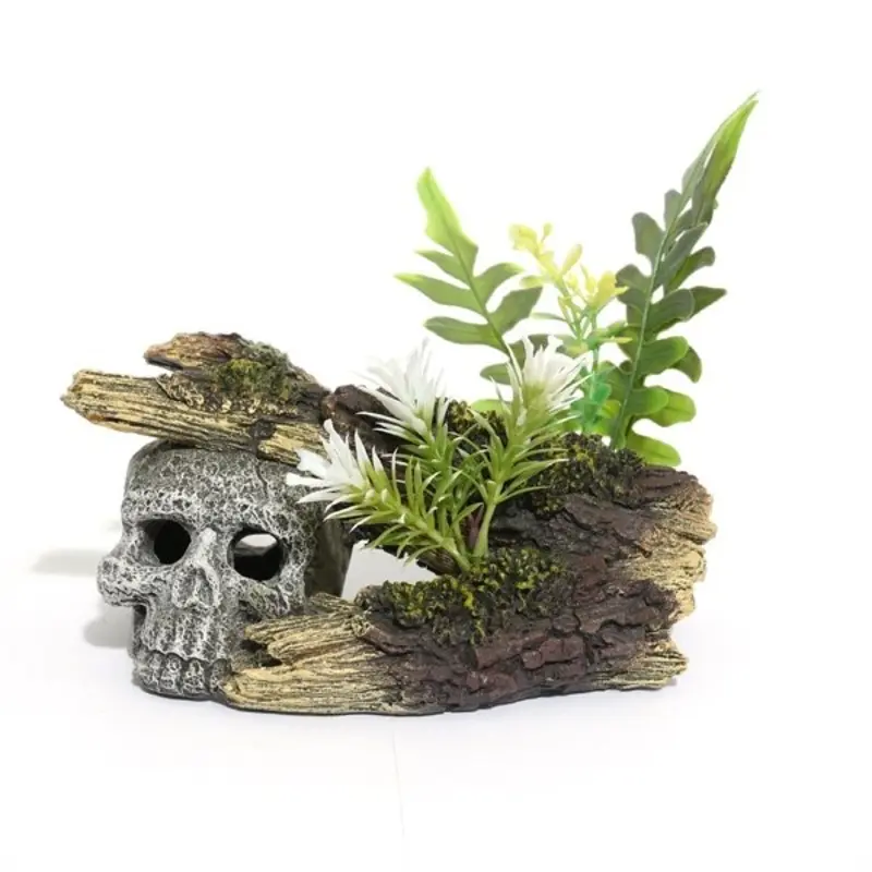 Rosewood Ribbon Aquatic Ornaments - Skull Log With Plants - Blue Small