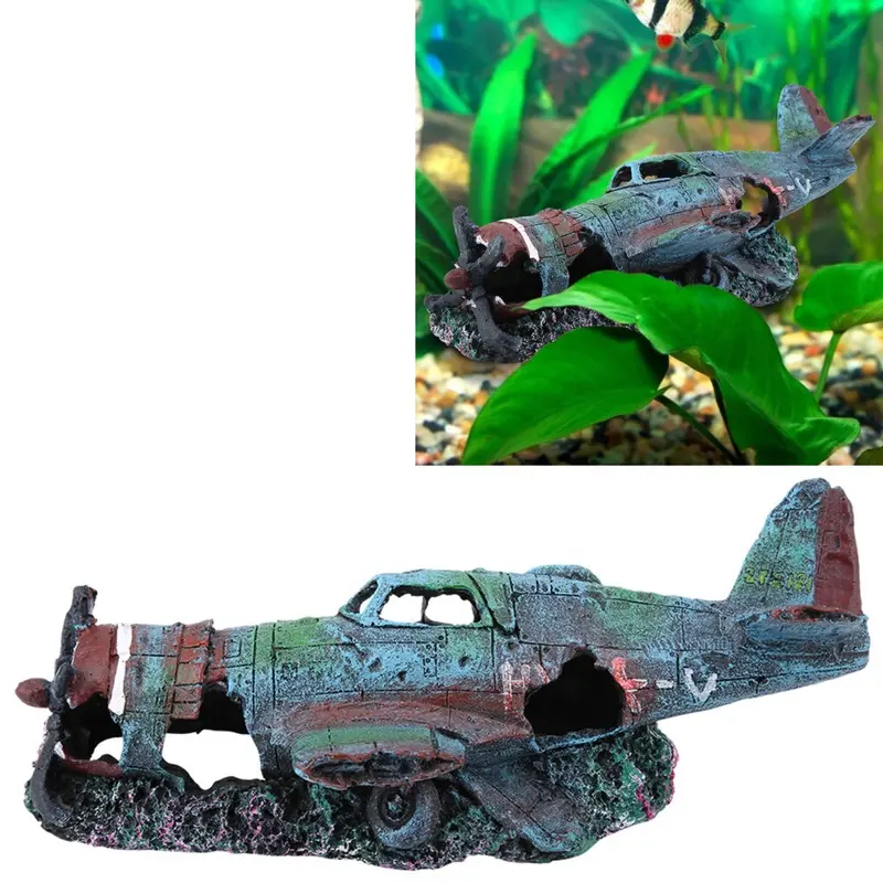 Artificial Damaged Plane Aquarium Fish Tank Ornament Landscape Decoration Decor