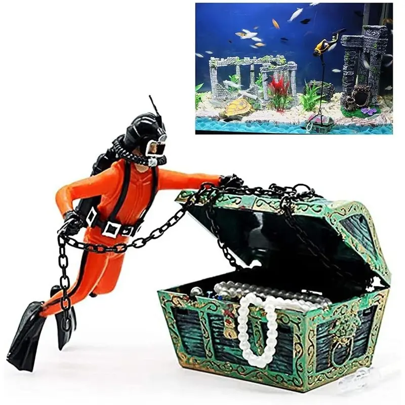 Orange Aquarium Decoration - Aquarium Decoration - Treasure Chest - Diver
