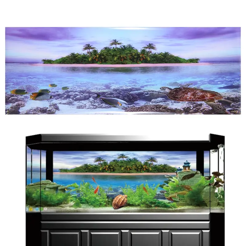 3D Effect Adhesive Coconut Tree Beach Poster for Aquarium Fish Tank Decoration (M)
