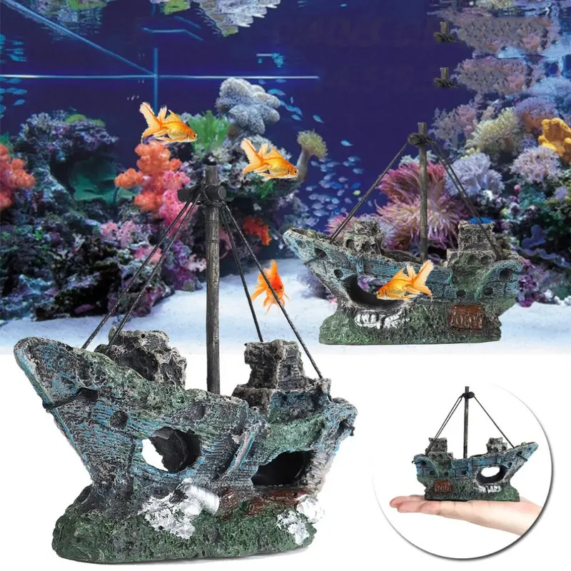 Resin Aquarium Fish Tank Ornament Pirate Ship Landscape Hiding Cave Decorations