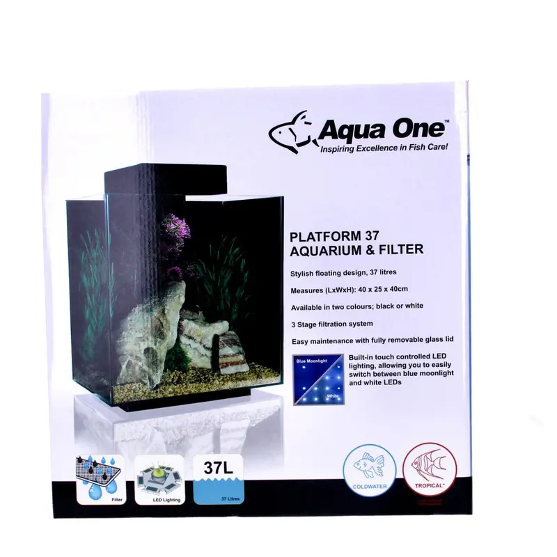 Aquaone White/Light Platform Aquarium Fish Tank With Filter And Led Size 37