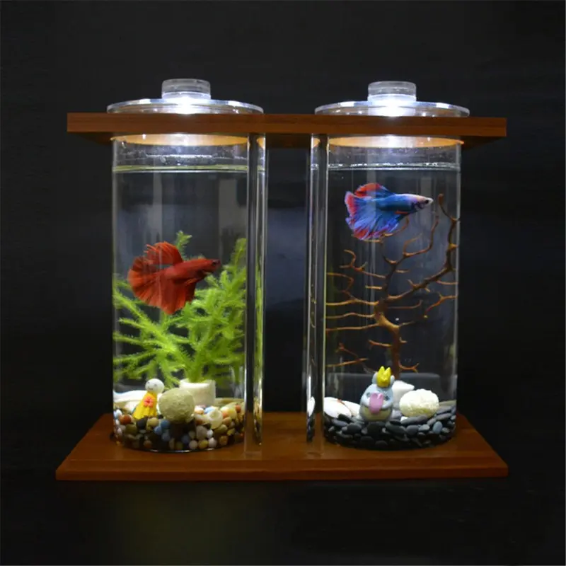 Light Led Dual Clear Glass Betta Aquarium Fish Tank Bamboo Shelf Home Office Small