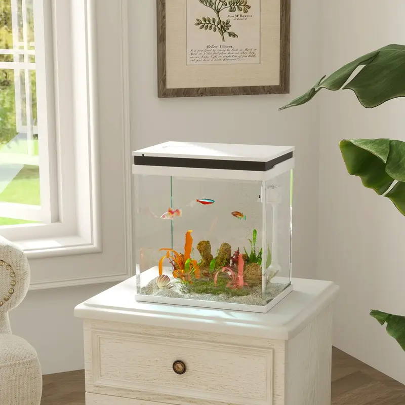 Pawhut 14L Fish Tankglass Aquarium With Filter System Led Lights Water Pump White