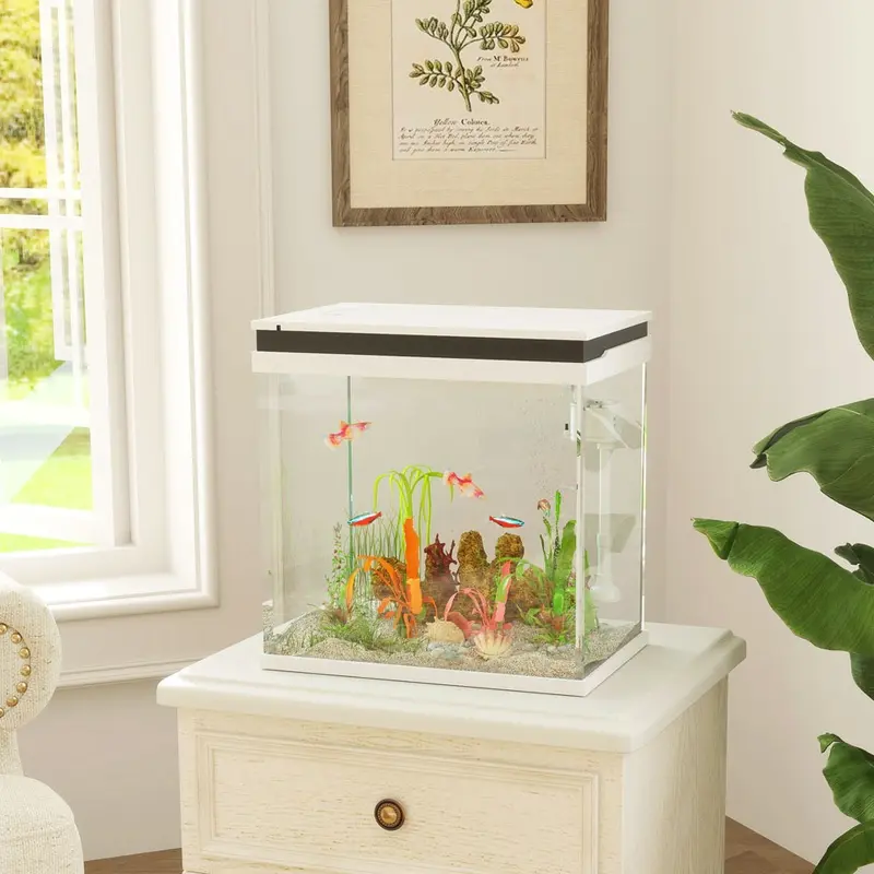 Pawhut 26L Fish Tankglass Aquarium With Filter System Led Lights Water Pump White