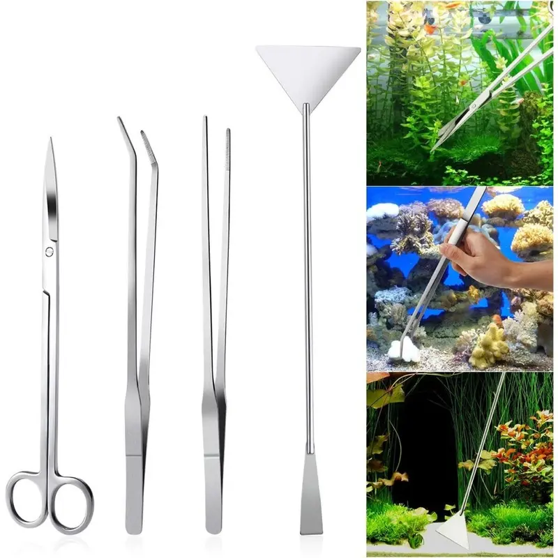 Set Of Stainless Steel Aquarium Tank Aquatic Plant Tweezers And Scissors Size 4
